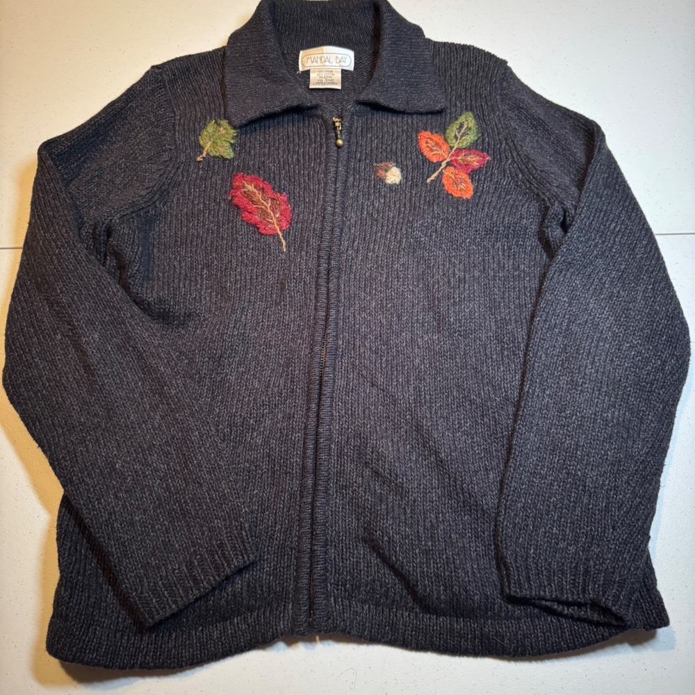 Vtg Mandal Bay‎ Womens Small Full Zip Grandma Sweater Embroidered Fall Leaves